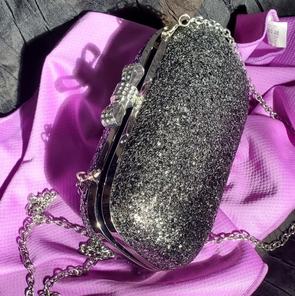 Vintage Black Silver Sequin Evening Bag with Chain